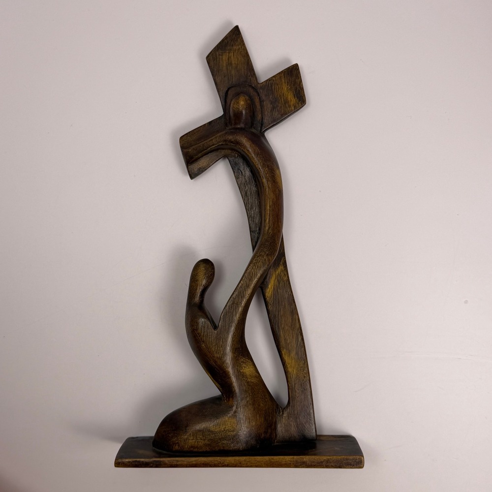 Vintage Rustic MCM Minimalist Wood Sculpture Mary kneeling at Jesus cross